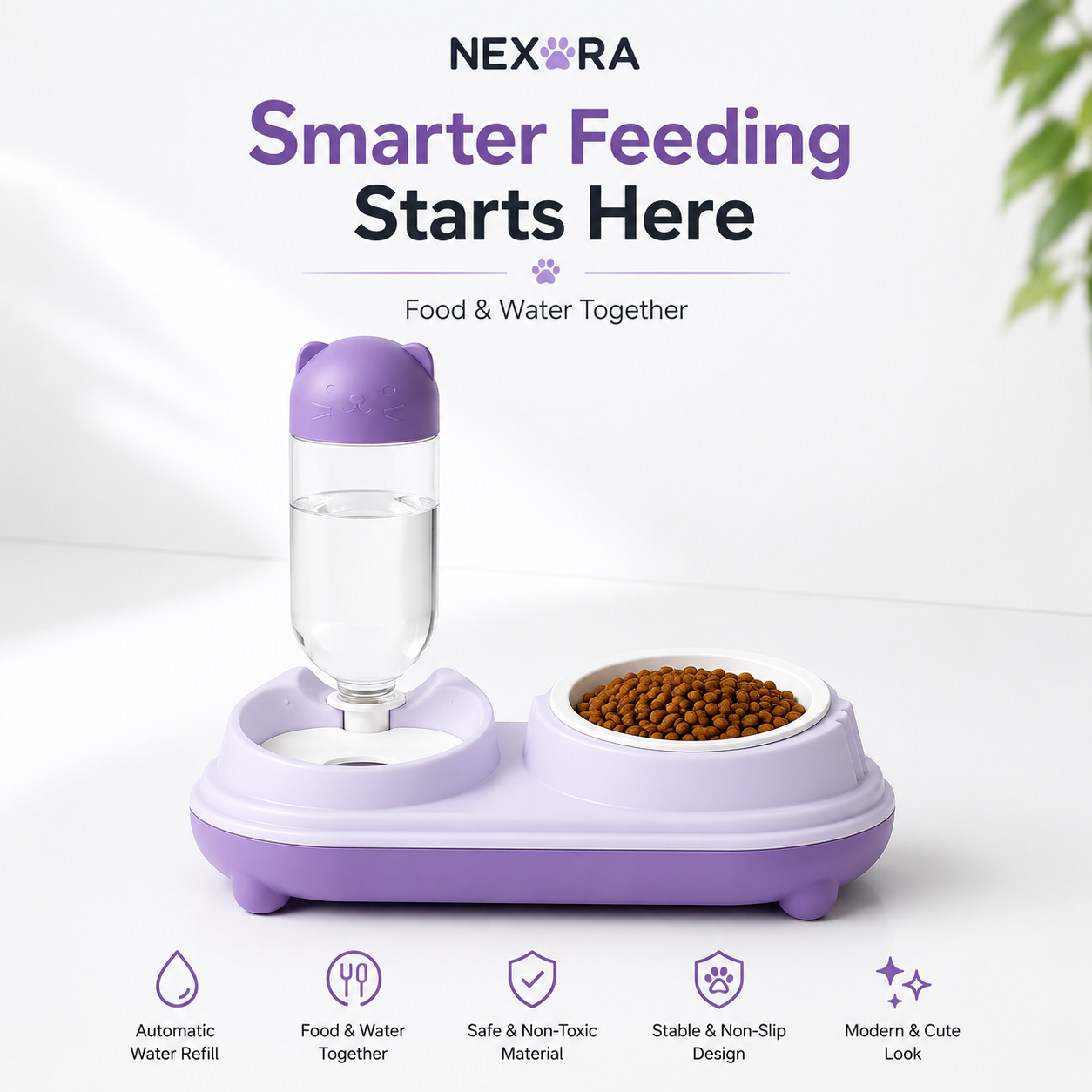 Nexora™ DuoFeast Mini — Automatic Food Bowl & Gravity Water Dispenser
