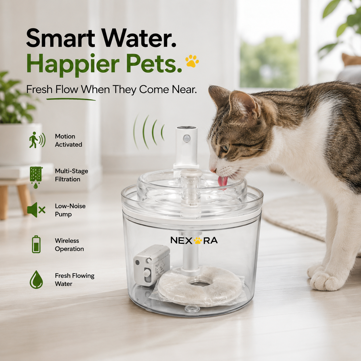 Nexora™ SmartFlow Collection — Wireless Motion Sensor Pet Water Fountains For Cats & Dogs