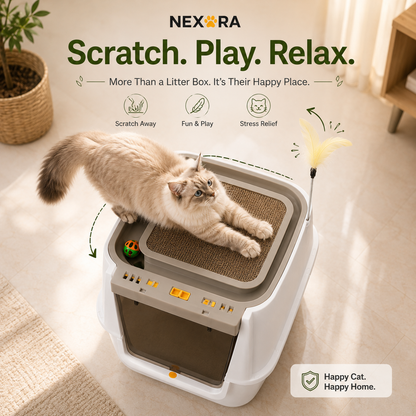 Nexora™ CozyPlay Haven — Premium Enclosed Cat Litter Box With Interactive Feather Toy & Top Scratching Pad