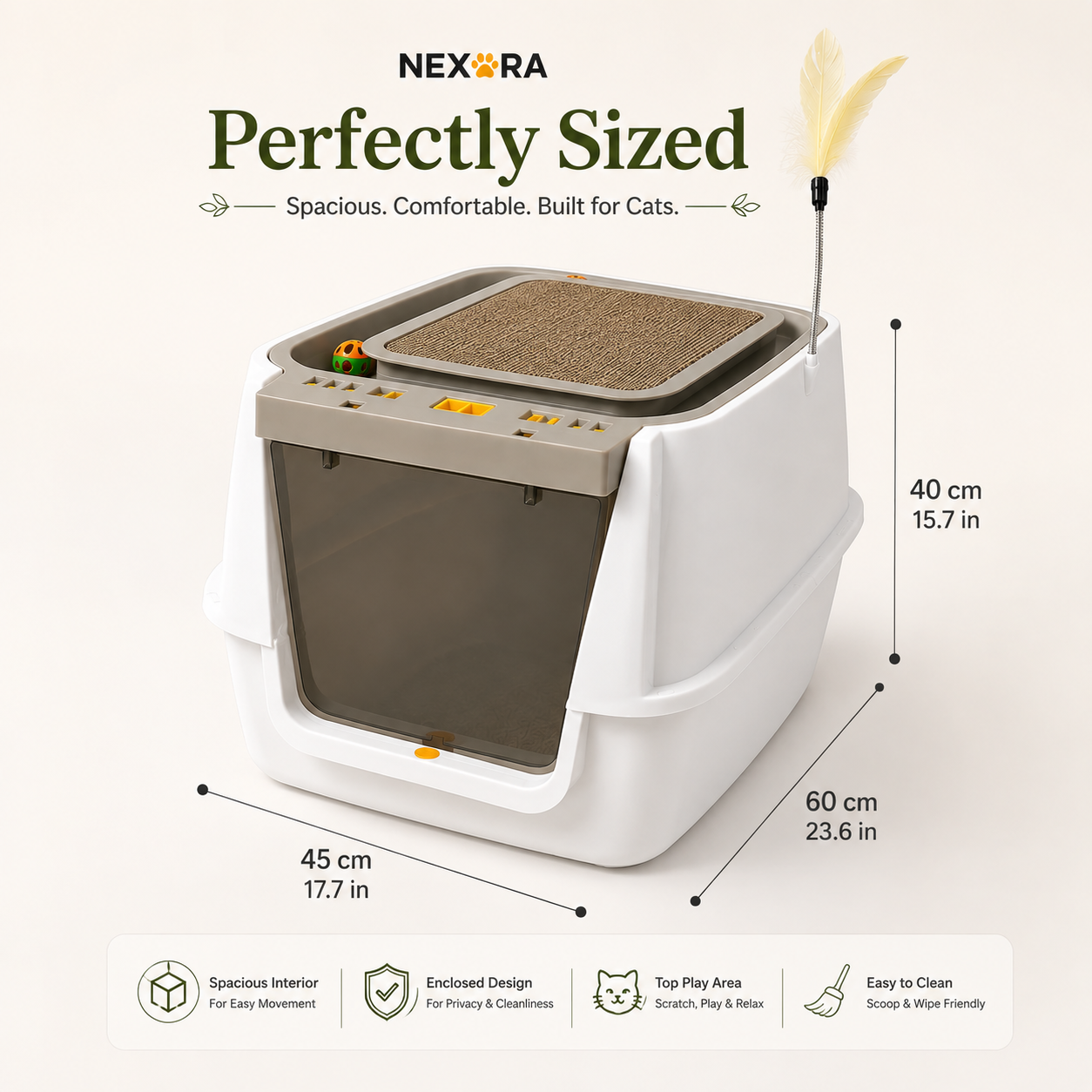 Nexora™ CozyPlay Haven — Premium Enclosed Cat Litter Box With Interactive Feather Toy & Top Scratching Pad