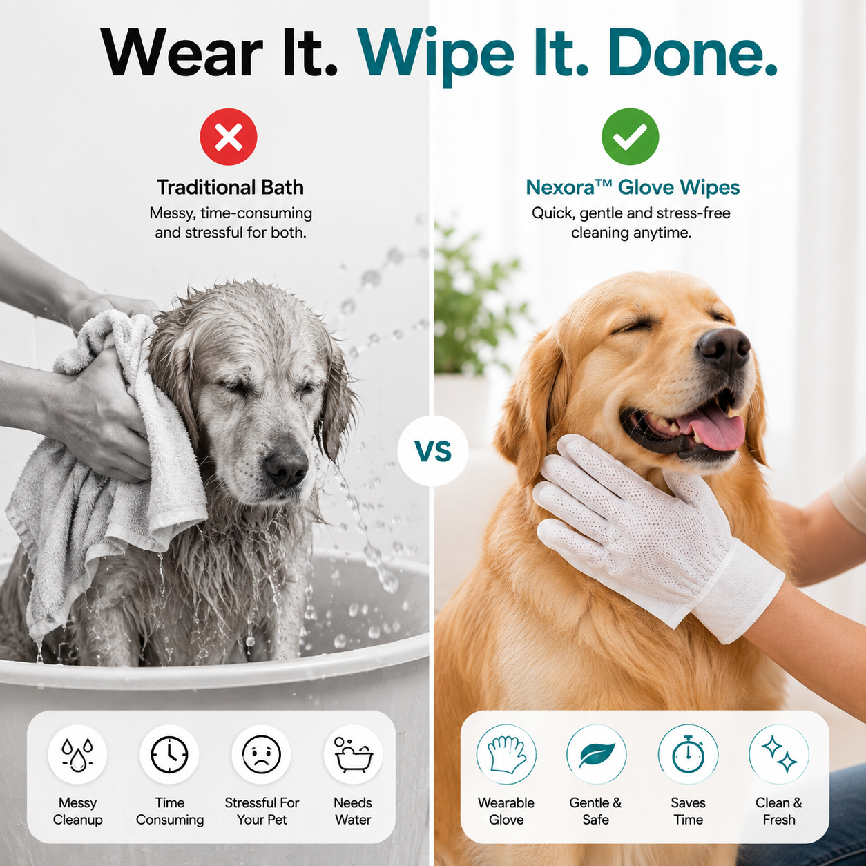 Nexora™ FreshPaw Wipes — Premium Disposable Grooming Glove Wipes For Dogs & Cats (6-Pack)
