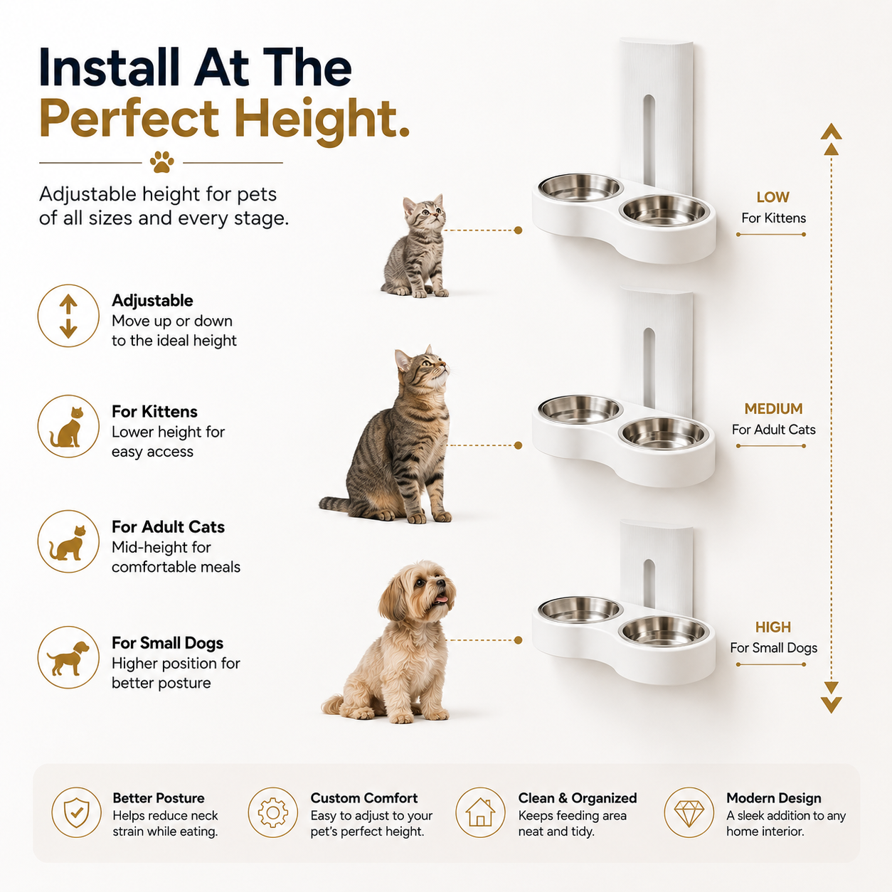 Nexora™ FlexMount Duo — Adjustable Wall-Mounted Stainless Steel Double Feeding Bowl For Pets
