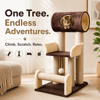 Nexora™ EagleNest Cat Tree — Premium Multi-Level Cat Tower with Cozy Tunnel, Sisal Scratch Posts, Lounge Platform & Interactive Play Ball (82cm)