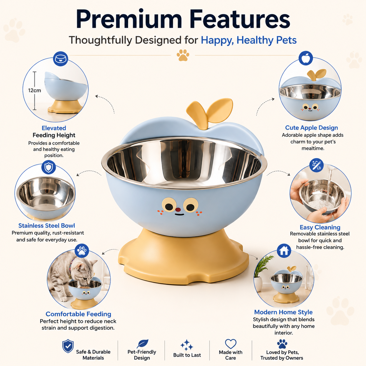 Nexora™ HappyApple Bowl — Elevated Stainless Steel Pet Feeding Bowl