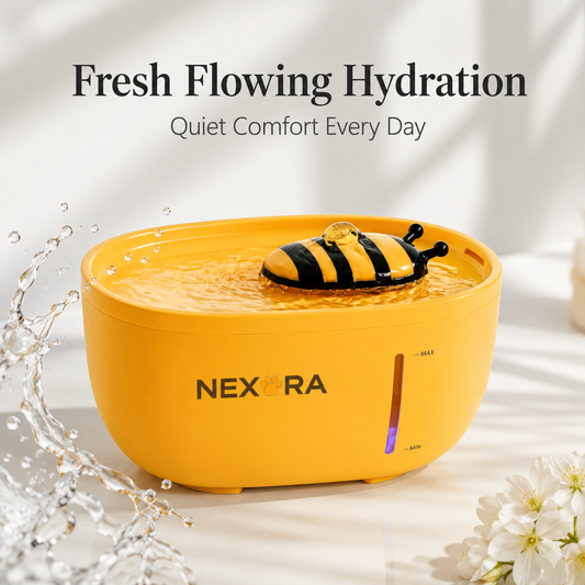 Nexora™ BuzzFlow — Silent Filtered Bee Water Fountain For Pets