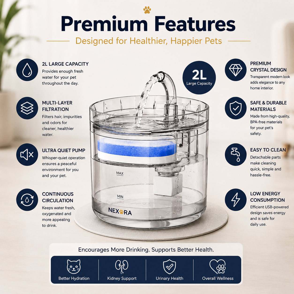 Nexora™ CrystalFlow Pro — 2L Premium Pet Water Fountain