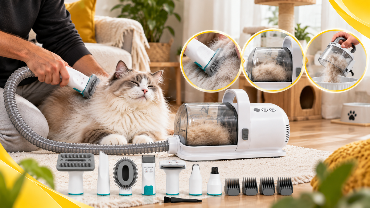 FurFlow pet grooming kit collecting loose fur