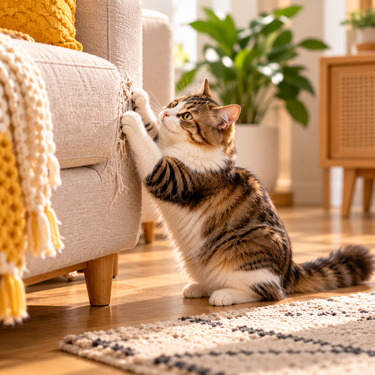 Cat looking for a place to scratch and play at home