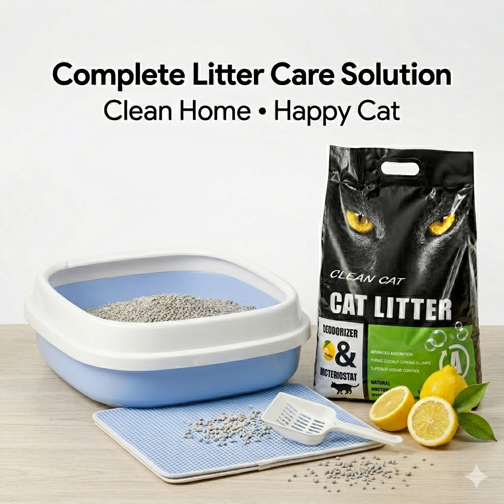 Nexora™ 3-in-1 Complete Cat Litter Care Solution — Litter Tray, Odor Control Litter & Anti-Tracking Mat