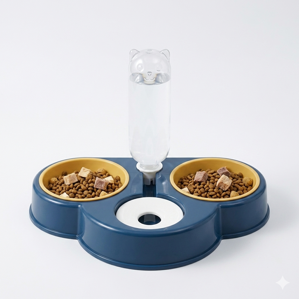 Nexora™ AquaPaw Trio — Modern Dual Feeding Bowls With Automatic Gravity Water Dispenser