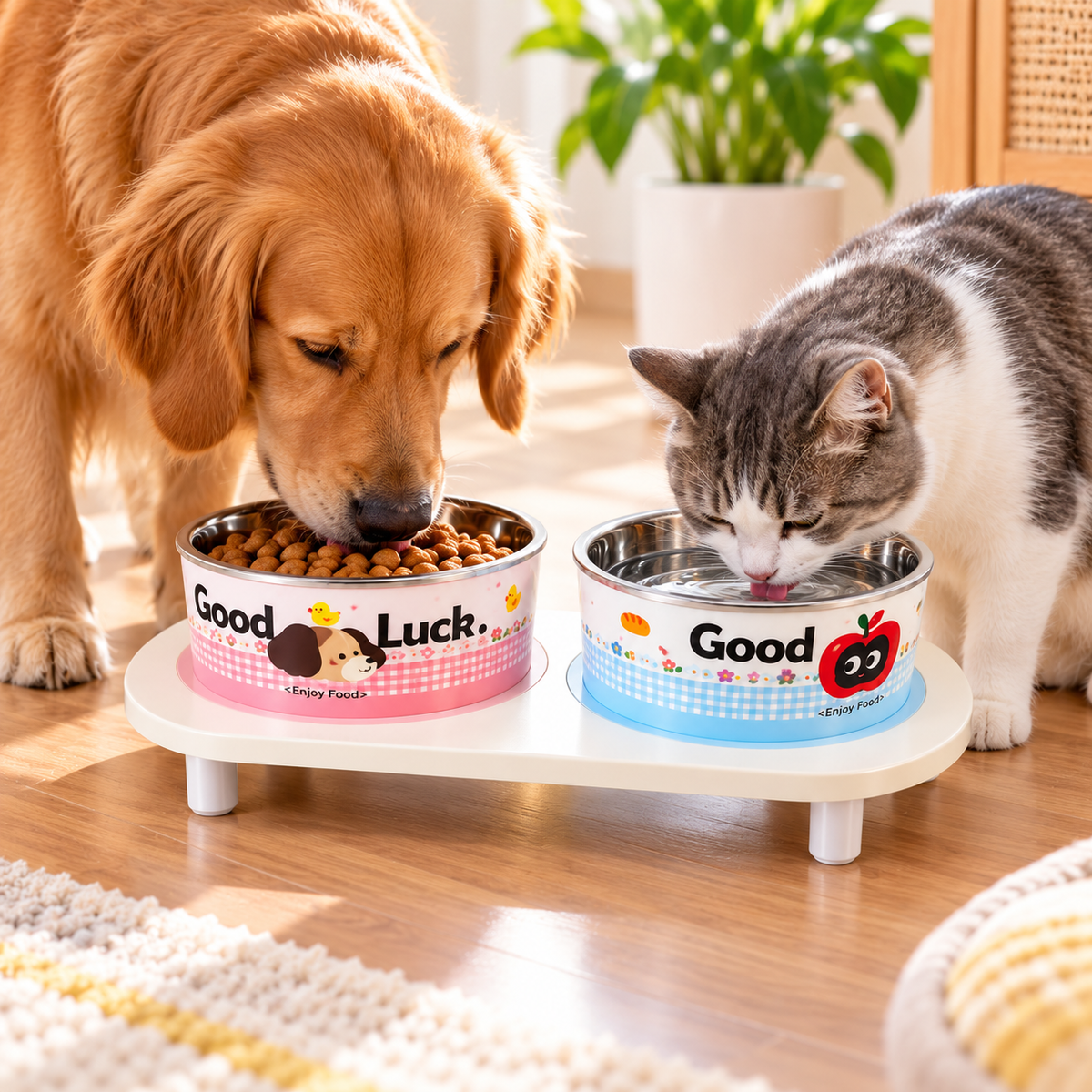 Nexora dual stainless steel pet feeding bowl on a cream platform