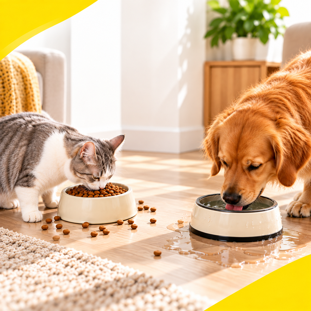 Separate food and water bowls in a pet feeding area