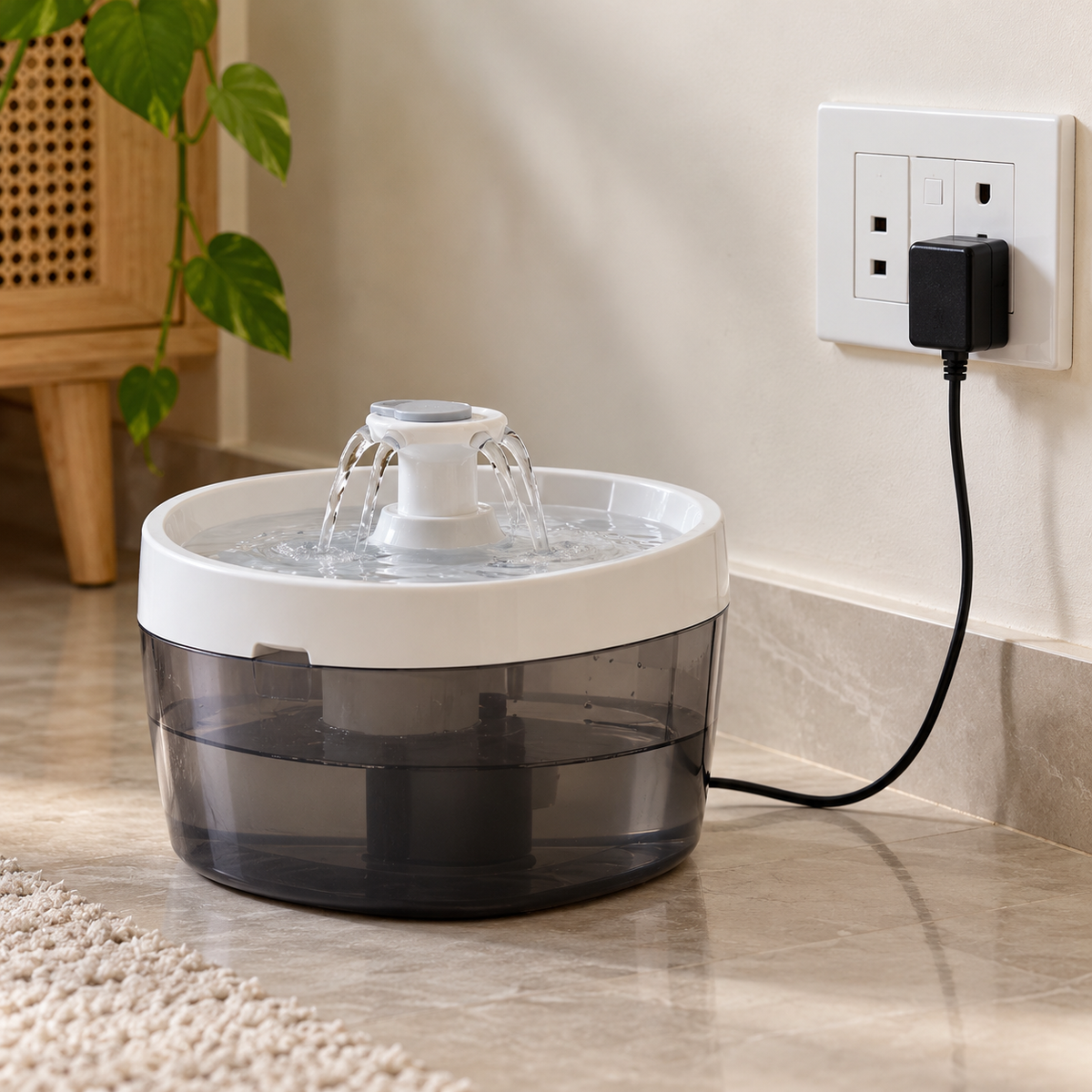 Wired pet water fountain beside a wall outlet