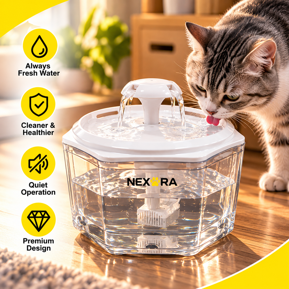 Nexora PureFlow Elite white pet water fountain with transparent faceted reservoir and multi-opening outlet