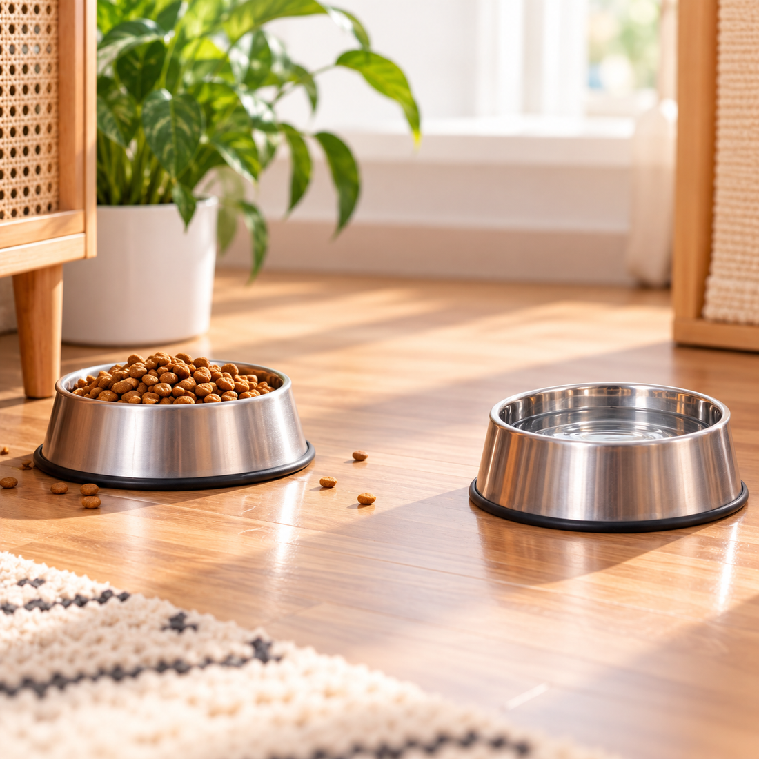 Separate food and water bowls in a home feeding area
