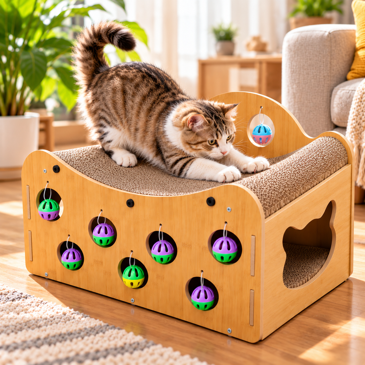 Cat naturally using its scratching lounge and play house