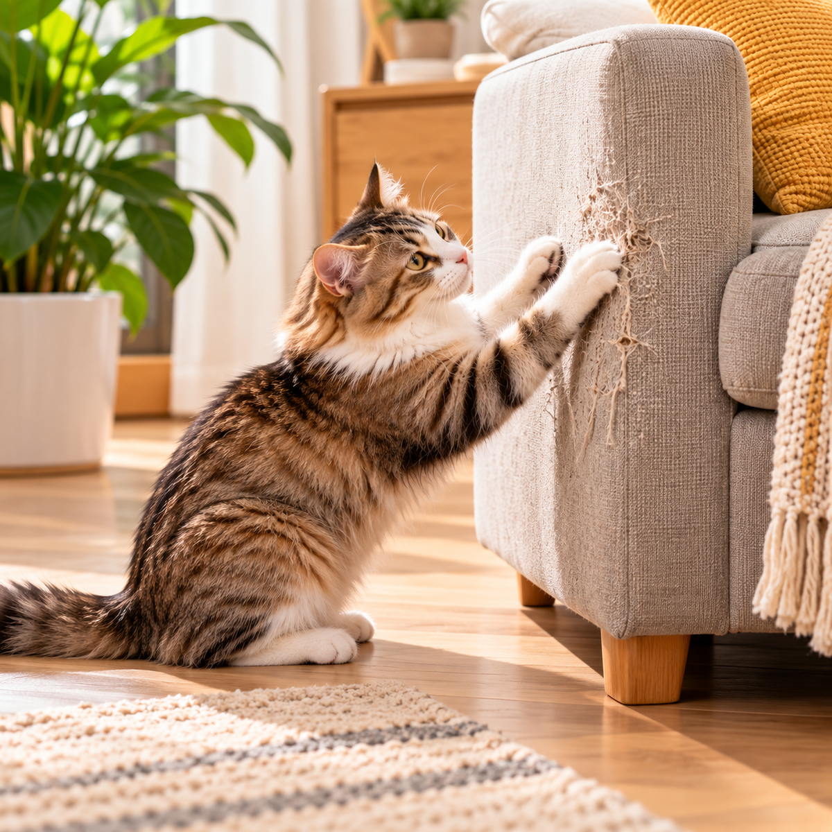 Cat beside a sofa in a calm home