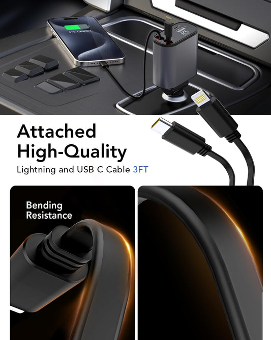 High-quality Nexora car charger with built-in retractable cable and dual charging ports.